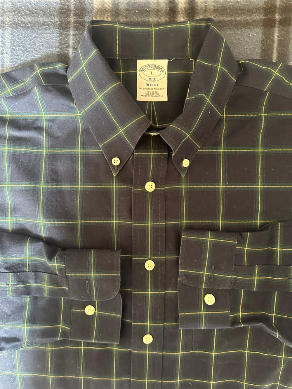 Brooks Brothers Regent Multicolor Navy Yellow Green Plaid Men’s Shirt Size L